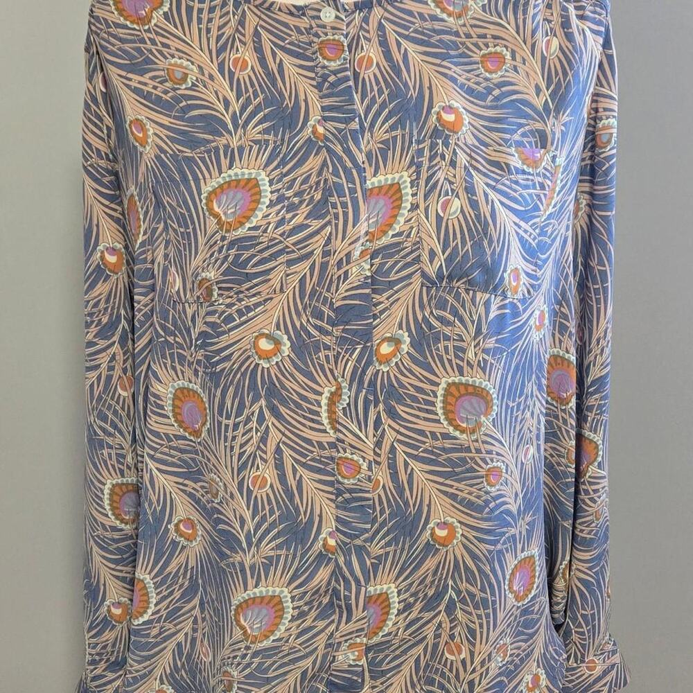 loft peacock feather print long sleeve career work blouse top small